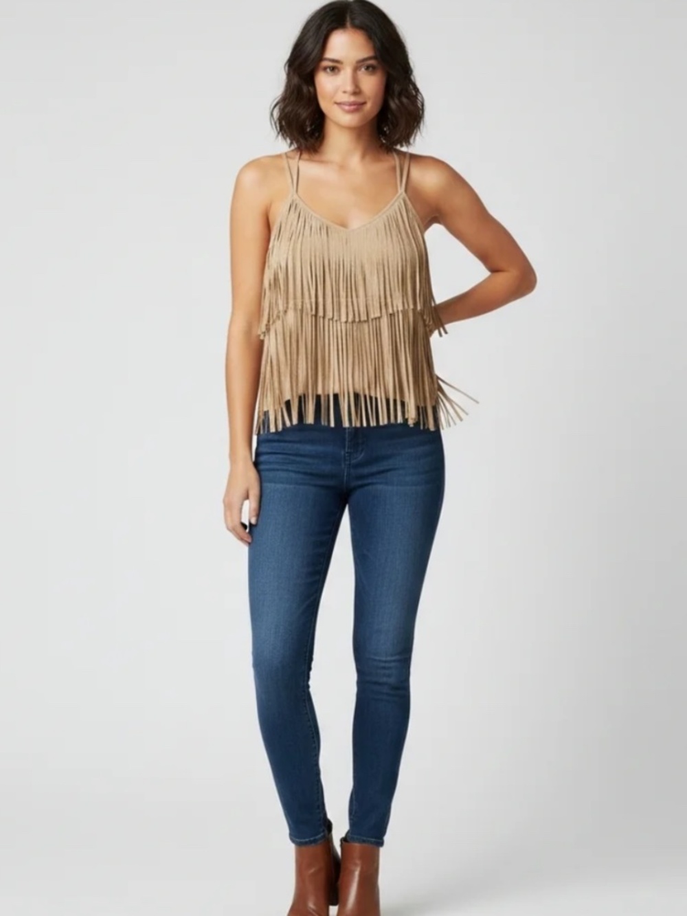 NEW MOA MOA Faux Suede Tiered Fringe V-Neck Tank Top in Tan/Khaki